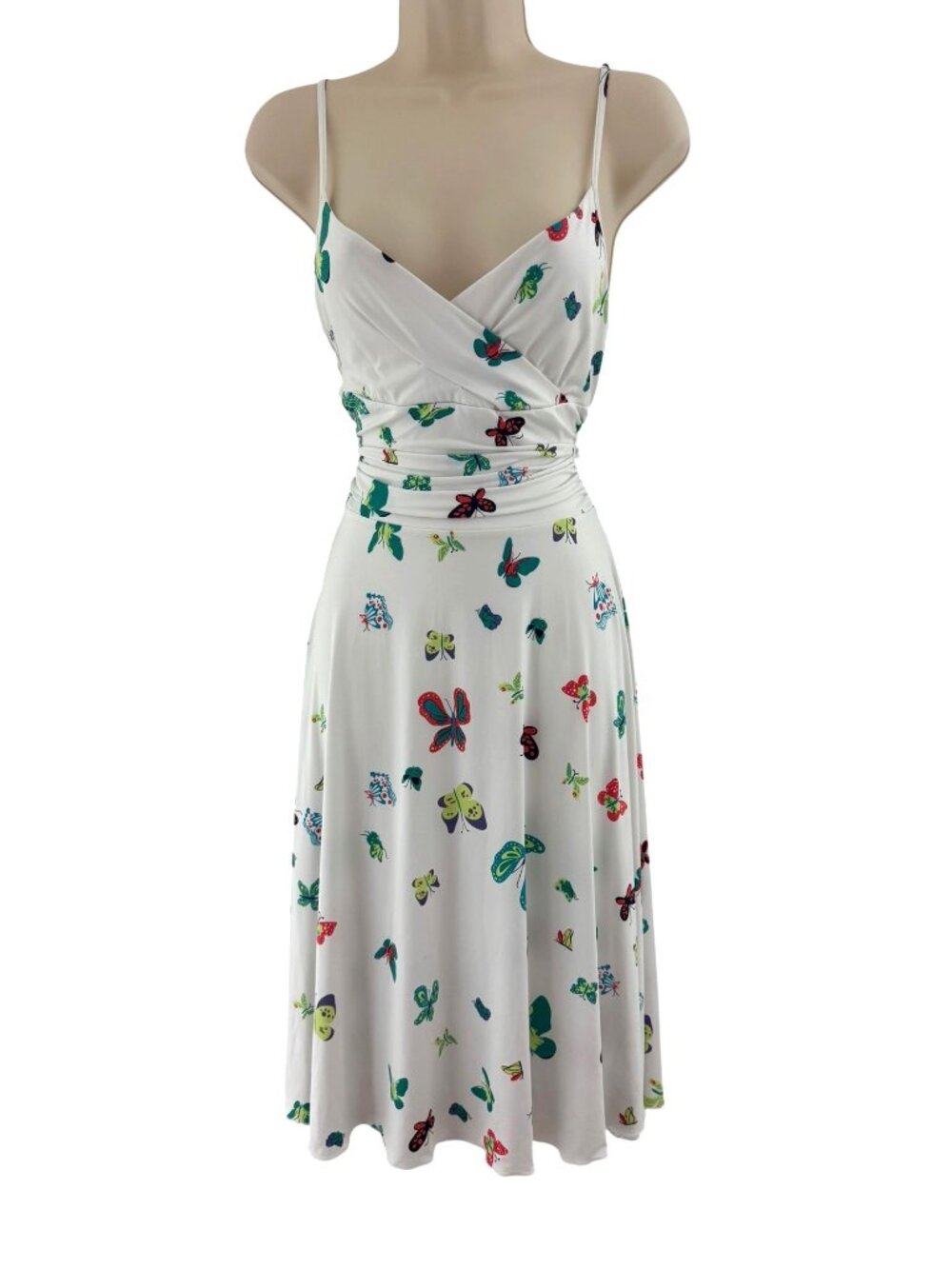 To The Maxi White Butterfly Print Sleeveless Ruched Waist Midi Dress Size L